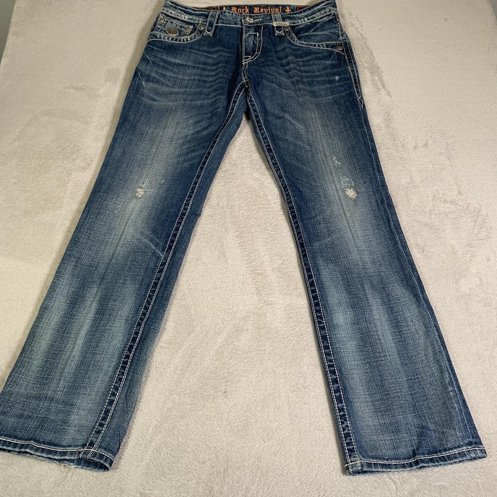 Rock Revival Freddie Straight‎ Jeans Mens 33x33 Blue Medium Wash Distressed